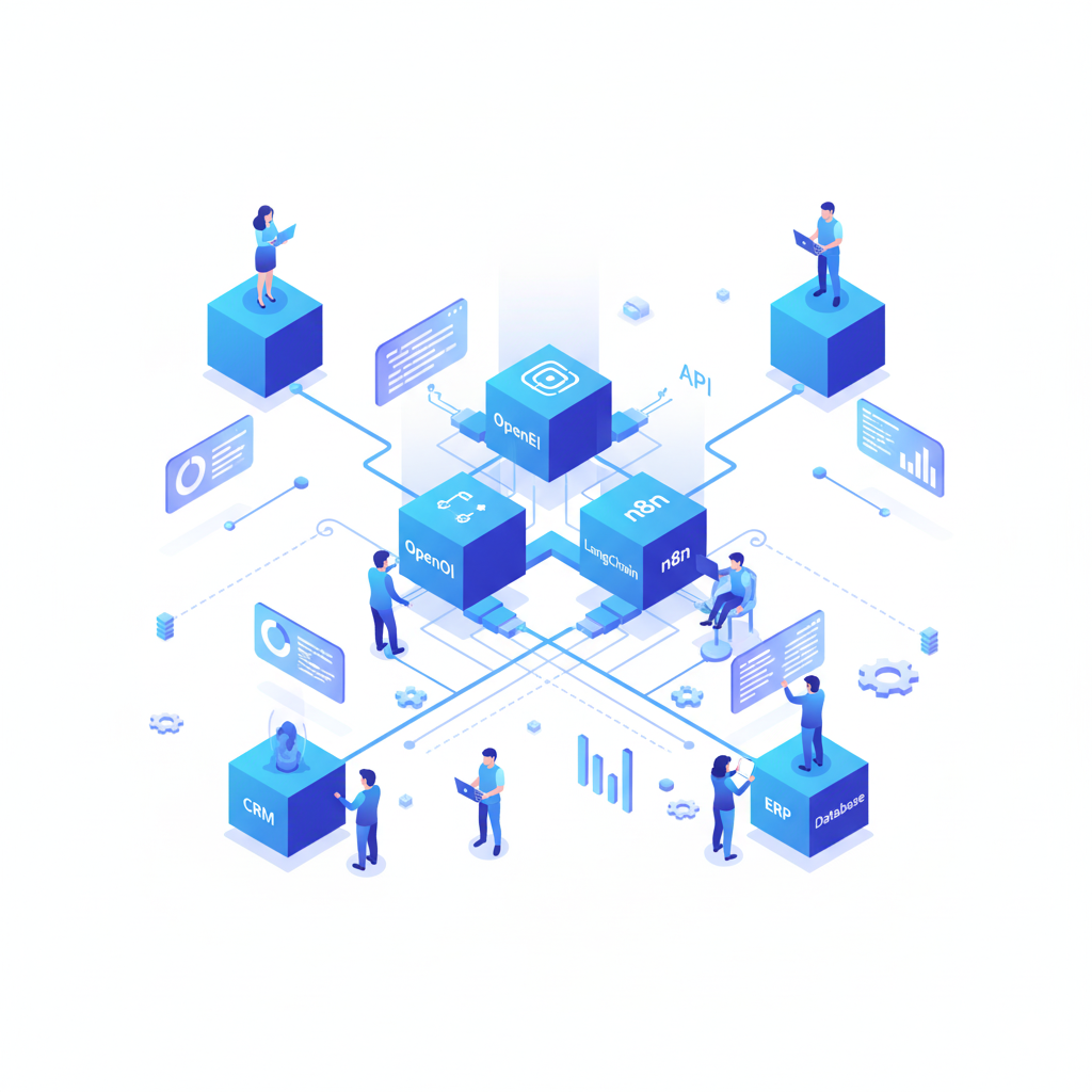 Visual of AI and workflow tools like n8n, LangChain, and OpenAI working together
