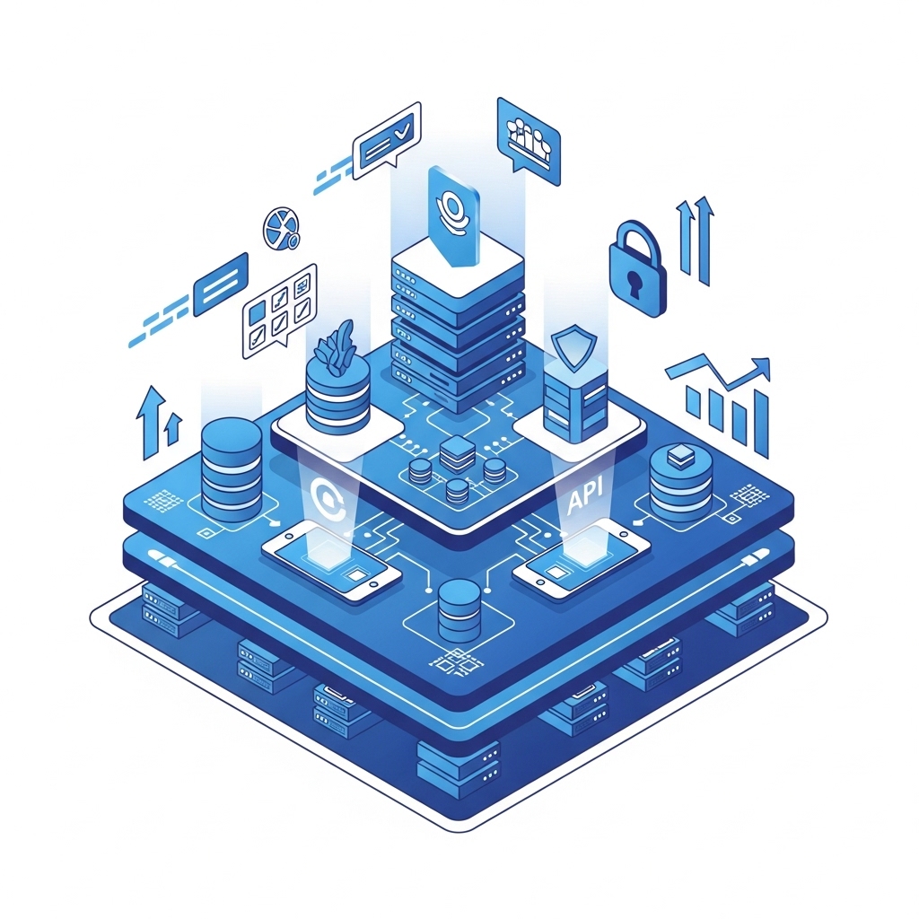 Illustration of secure, scalable backend foundation supporting digital products